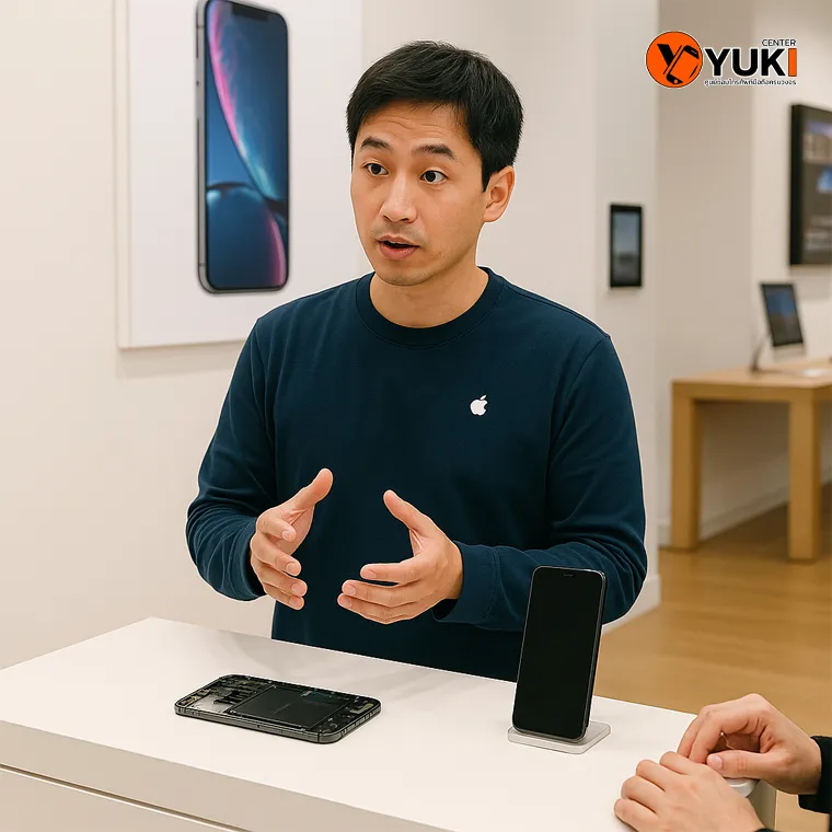 ภาพช่างผู้เชี่ยวชาญกำลังอธิบายวิธีซ่อมและประเมินปัญหา iPhone ให้ลูกค้าที่ศูนย์บริการ ซ่อมมือถือสไตล์ Apple Lab ที่ Yuki Center