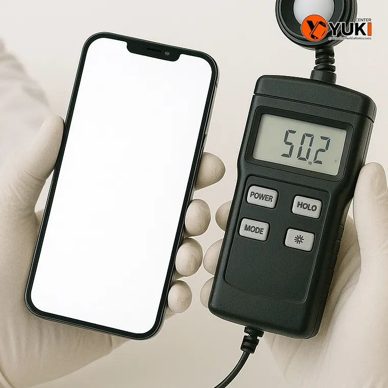 ช่างเทคนิค Yuki Center ใช้เครื่องวัดความสว่างทดสอบหน้าจอ iPhone หลังซ่อม เพื่อเช็กความสว่างและคุณภาพจออย่างแม่นยำ
