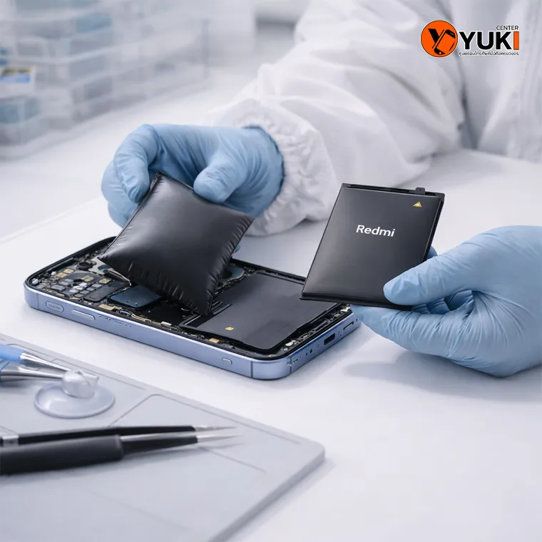 ช่างผู้เชี่ยวชาญกำลังเปลี่ยนแบต Redmi อย่างปลอดภัยในห้องซ่อมมาตรฐาน