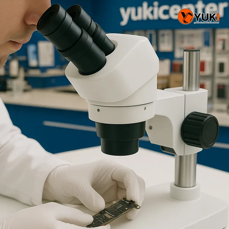 ช่าง Yuki Center สวมถุงมือกำลังตรวจเมนบอร์ดมือถือด้วยกล้องไมโครสโคปในห้องซ่อมมาตรฐาน Clean Lab