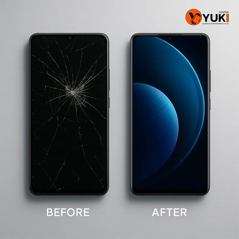 เปรียบเทียบก่อนและหลังเปลี่ยนจอ vivo จากหน้าจอแตกเป็นจอใหม่ ซ่อมโดย Yuki Center