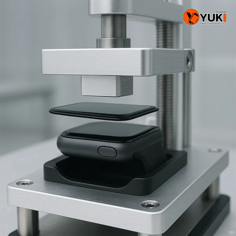 ขั้นตอนแยกชั้นทัชสกรีน Apple Watch ด้วยเครื่องลอกกระจกเฉพาะทาง ควบคุมแรงกดอย่างแม่นยำในห้อง Clean Room