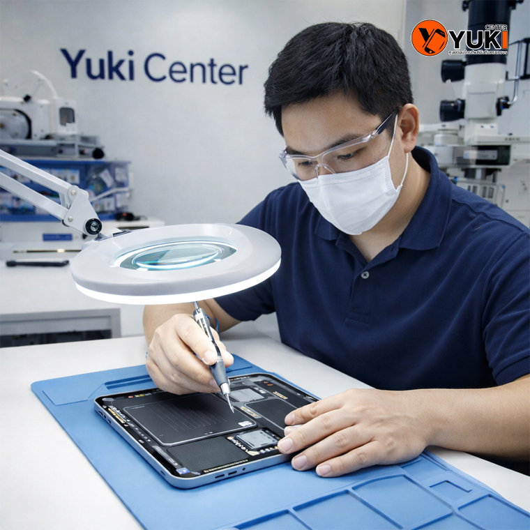 ช่าง Yuki Center กำลังซ่อม iPad ด้วยเครื่องมือเฉพาะในห้อง Clean Lab มาตรฐานสูง