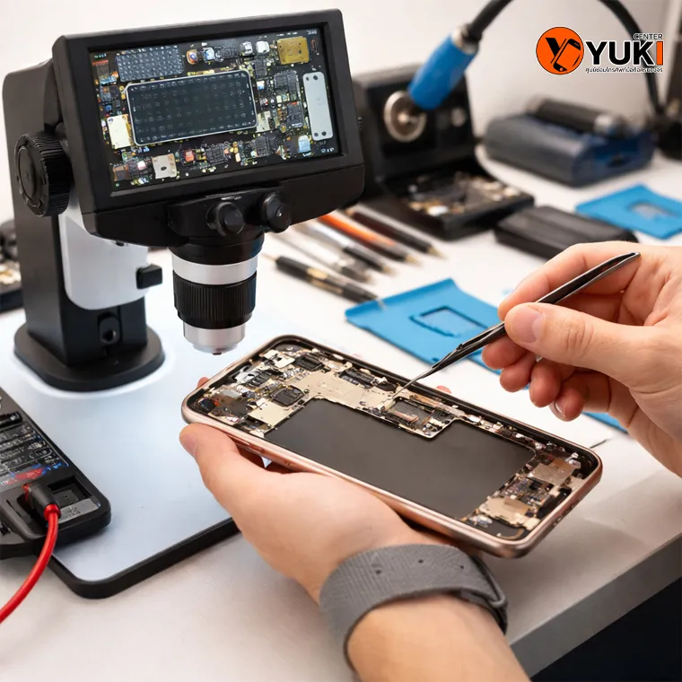 ช่างซ่อม iPhone กำลังตรวจเมนบอร์ดด้วยกล้อง Microscope เครื่องมือวิเคราะห์ระดับมืออาชีพ ที่ Yuki Center