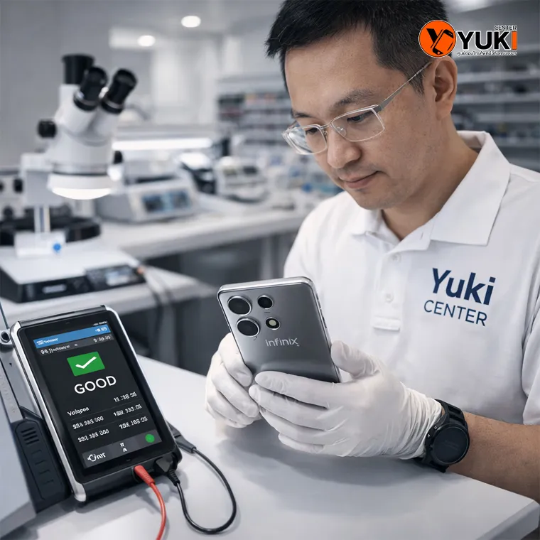 ช่างตรวจสอบแบตเตอรี่ Infinix หลังเปลี่ยนแบตเสร็จ ทดสอบคุณภาพการใช้งาน