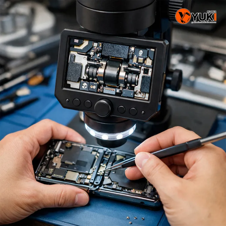 ช่างกำลังซ่อม Galaxy Z Fold 5 ด้วยกล้อง Microscope