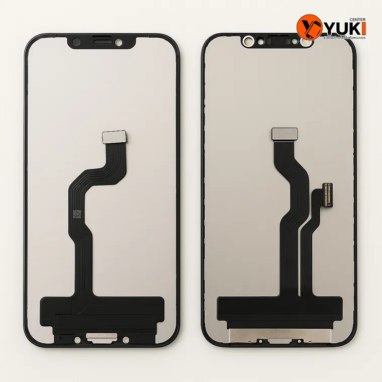 เปรียบเทียบแผงหน้าจอ iPhone แบบ OEM และจอเทียบ แสดงส่วน Flex และโมดูลด้านหลังเพื่อประกอบการตัดสินใจก่อนเปลี่ยนจอ