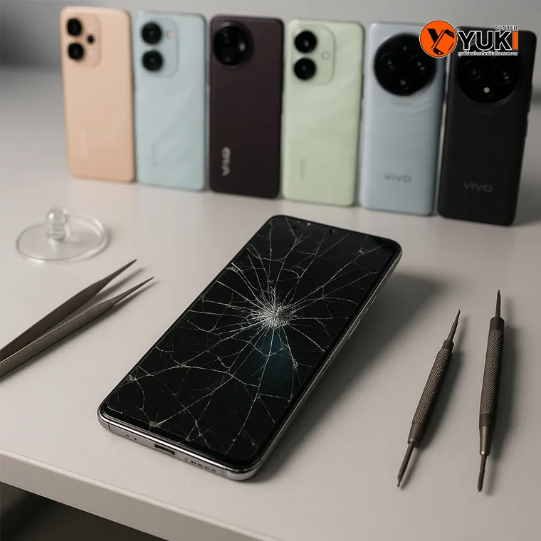 หน้าจอ vivo แตกจากการตก วางบนโต๊ะซ่อม เปลี่ยนจอ vivo โดยช่างมืออาชีพ Yuki Center