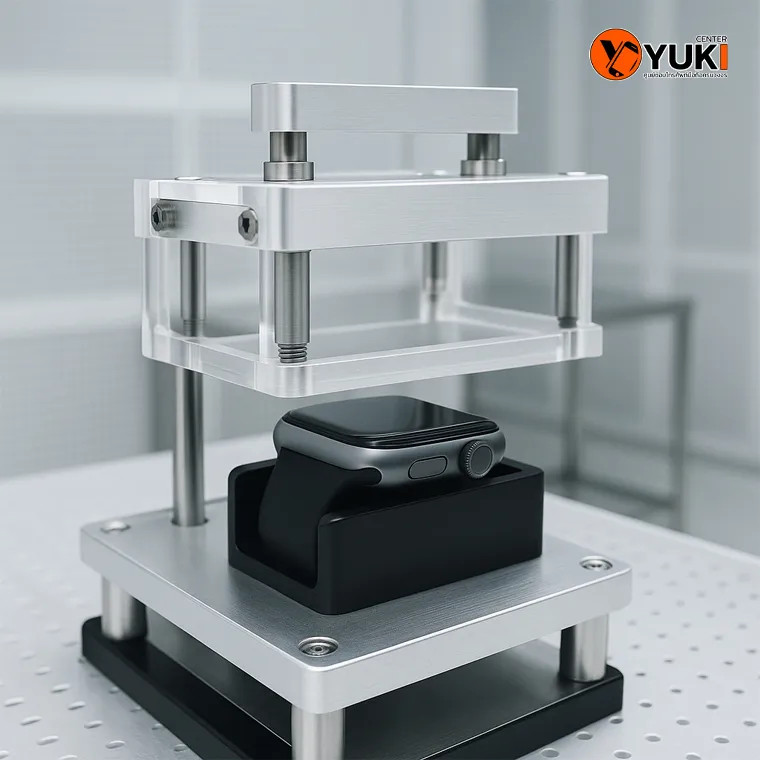 เครื่องลอกกระจก Apple Watch ในห้อง Clean Room ใช้แรงกดควบคุมเพื่อแยกกระจกหน้าจออย่างแม่นยำ