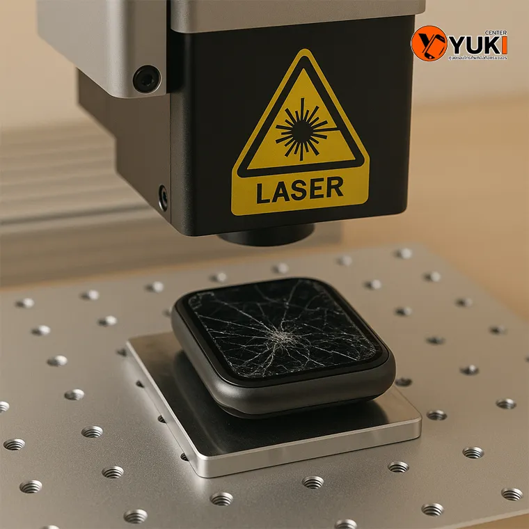 เครื่องเลเซอร์กำลังเตรียมลอกกระจกหน้าจอ Apple Watch ที่แตกเป็นรอยหลายจุด เพื่อแยกกระจกออกจากจอโดยไม่ทำให้จอภาพด้านในเสียหาย