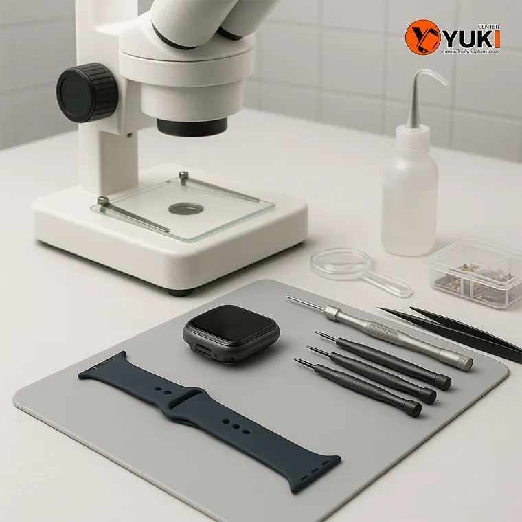 โต๊ะซ่อม Apple Watch ในห้อง Clean Lab พร้อมไมโครสโคปและอุปกรณ์ซ่อมมาตรฐานครบชุด