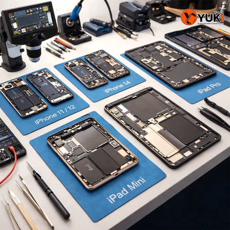 โต๊ะซ่อม iPhone iPad แยกรุ่นอย่างเป็นระเบียบ พร้อมอุปกรณ์ซ่อมมาตรฐานมืออาชีพของ Yuki Center
