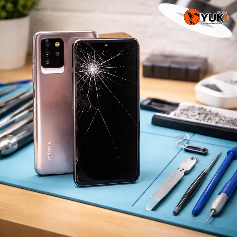 มือถือ Infinix หน้าจอแตก จอดำ วางบนโต๊ะซ่อม พร้อมอุปกรณ์ช่าง สำหรับเปลี่ยนจออย่างปลอดภัย