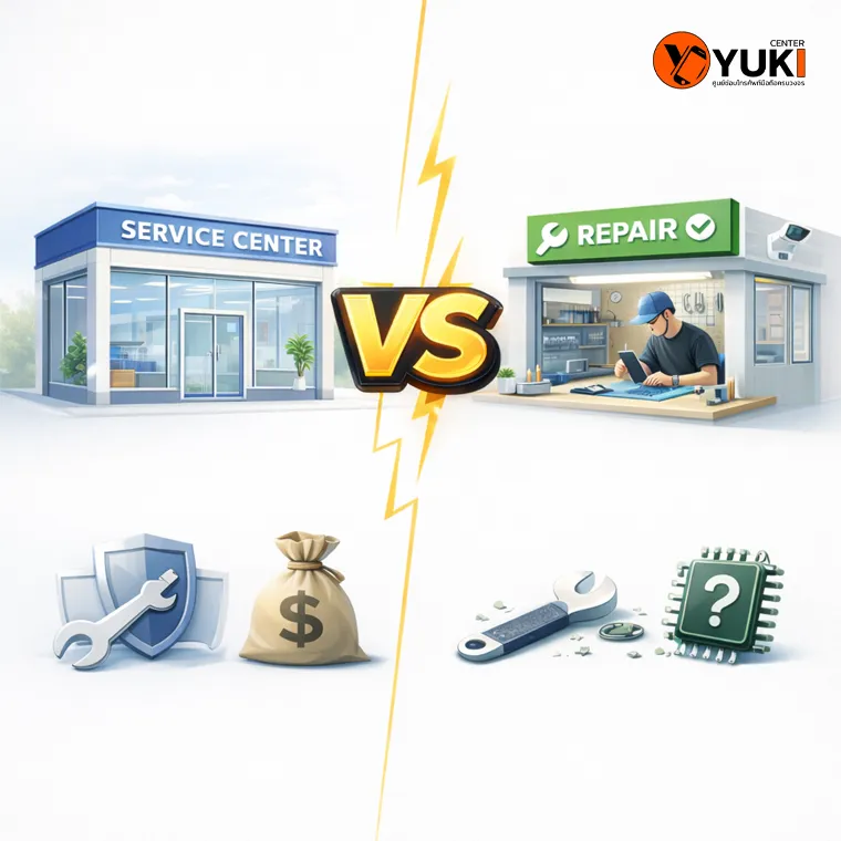 อินโฟกราฟิกเปรียบเทียบศูนย์บริการกับร้านซ่อมมือถือมืออาชีพ ด้านราคา ความปลอดภัย และคุณภาพงานซ่อม