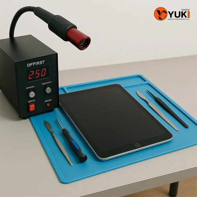 โต๊ะซ่อม iPad แบบมืออาชีพ มีฮีตกันความร้อนและอุปกรณ์แยกหน้าจอครบชุด สำหรับบริการซ่อม iPad ที่ศูนย์ซ่อม Yuki Center