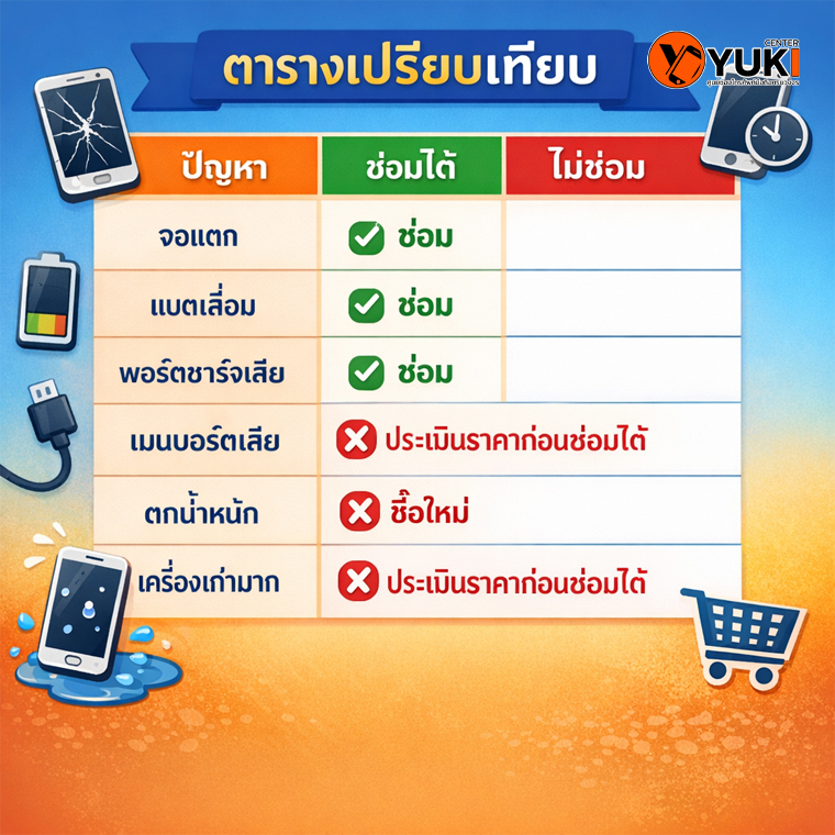 ตารางเปรียบเทียบปัญหามือถือที่ซ่อมได้และไม่ควรซ่อม เช่น จอแตก แบตเสื่อม เมนบอร์ดเสีย เพื่อช่วยตัดสินใจซ่อมหรือซื้อใหม่ ปี 2026