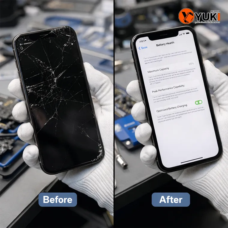 เปรียบเทียบก่อนและหลังซ่อม iPhone หน้าจอแตก หลังเปลี่ยนจอใหม่ที่ YukiCenter เครื่องกลับมาใช้งานปกติ แบตเตอรี่สมบูรณ์