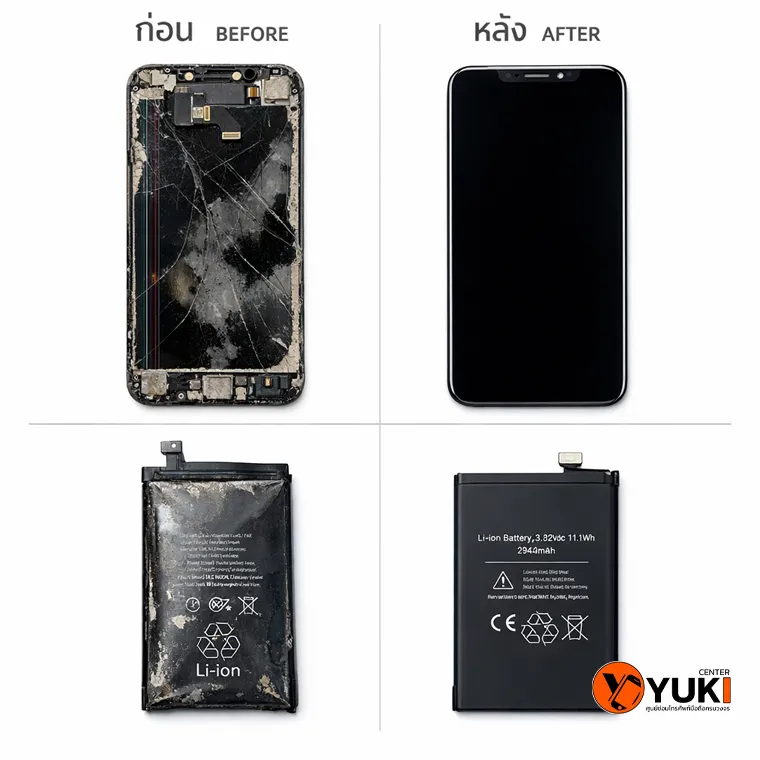 เปรียบเทียบก่อนและหลังซ่อมมือถือ หน้าจอแตกและแบตเตอรี่เสื่อม เปลี่ยนจอและเปลี่ยนแบตใหม่โดยร้านซ่อมมือถือ Yuki Center
