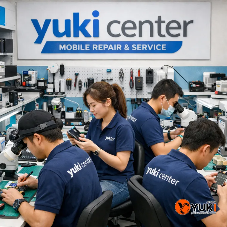 ทีมช่าง Yuki Center กำลังซ่อมโทรศัพท์มือถือในห้องซ่อมมาตรฐาน ด้วยอุปกรณ์เฉพาะทางและเครื่องมือระดับมืออาชีพ