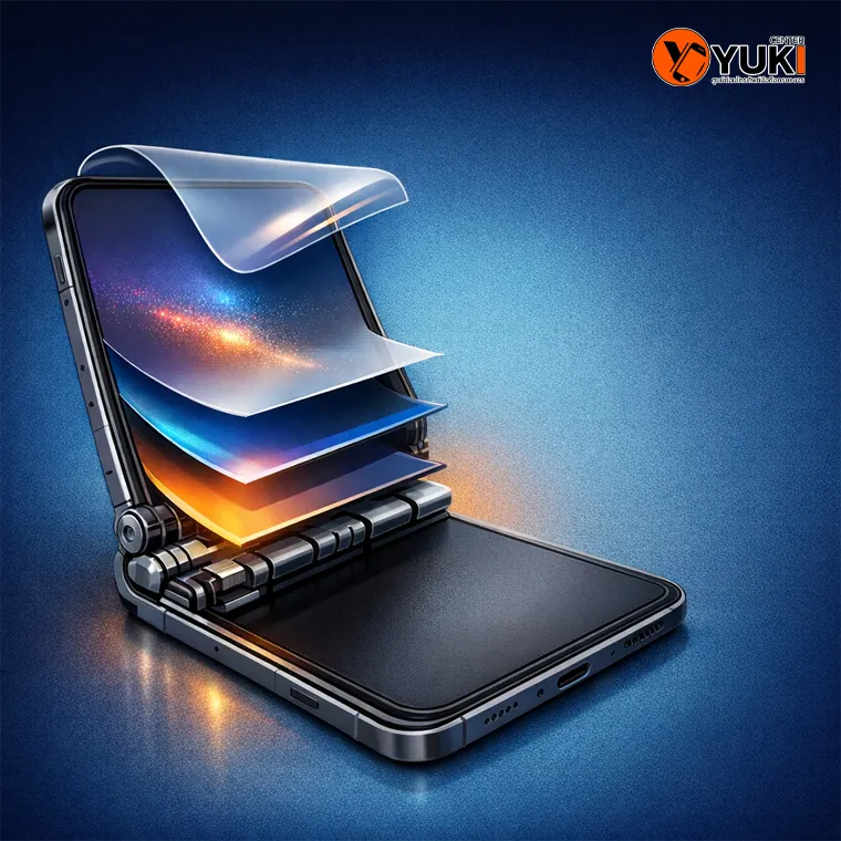 โครงสร้างหน้าจอพับ Samsung Galaxy Z Fold แสดงชั้นจอ บานพับ และวัสดุภายใน