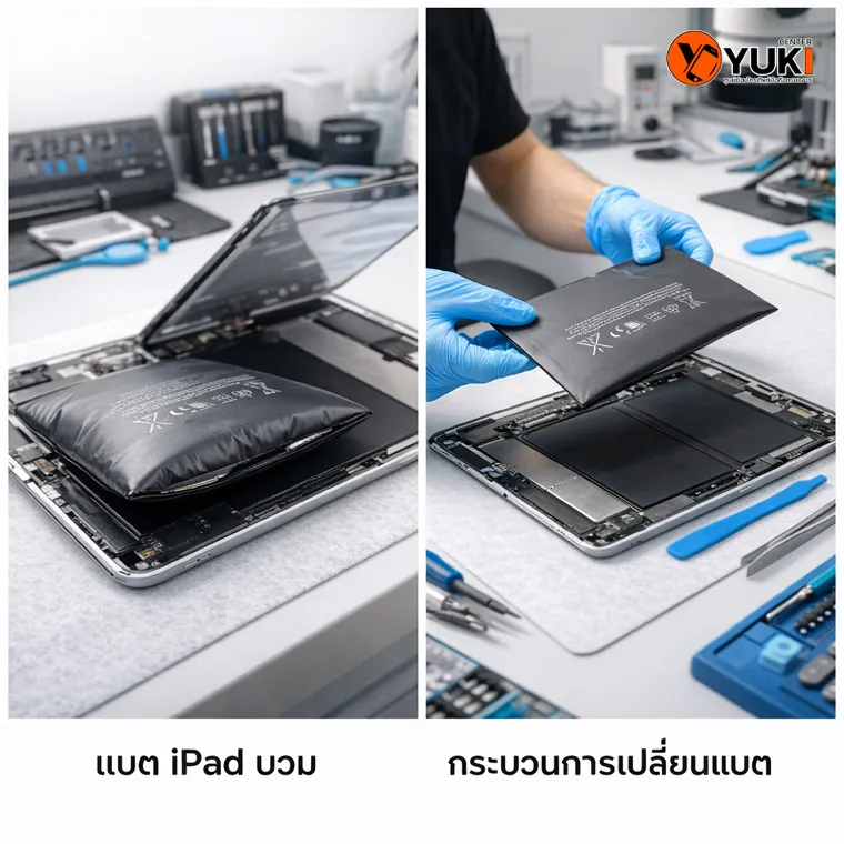 แบต iPad บวม และขั้นตอนการเปลี่ยนแบต iPad โดยช่างมืออาชีพ ห้องซ่อมสะอาด มาตรฐาน Yuki Center