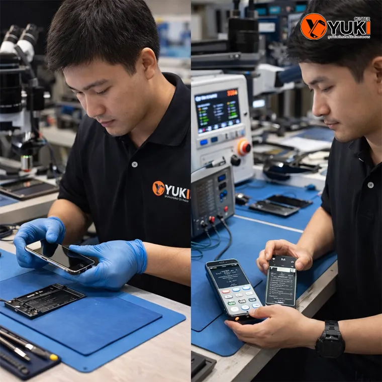 ช่างเทคนิค YukiCenter กำลังเปลี่ยนหน้าจอและตรวจเช็กแบตเตอรี่ iPhone ด้วยเครื่องมือซ่อมมือถือระดับมืออาชีพ