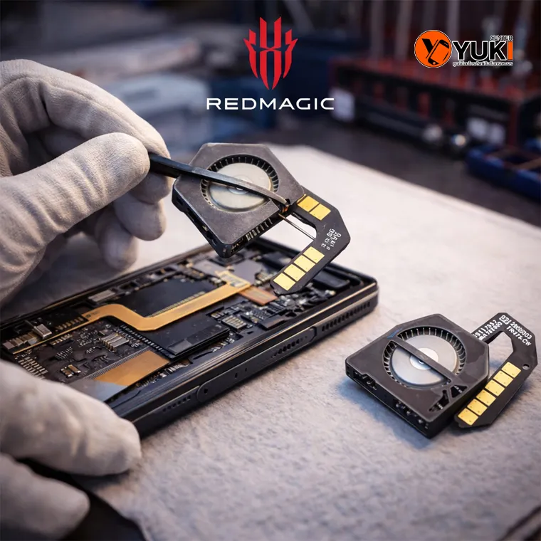 ช่างผู้เชี่ยวชาญกำลังเปลี่ยนพัดลม Red Magic 8s Pro อะไหล่แท้ แก้ปัญหาพัดลมไม่หมุนและเครื่องร้อน ที่ Yuki Center