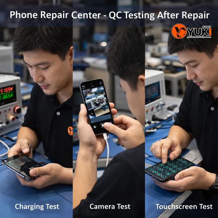 ขั้นตอน QC หลังซ่อม iPhone ที่ YukiCenter ทดสอบการชาร์จ กล้อง และระบบทัชสกรีนอย่างละเอียด