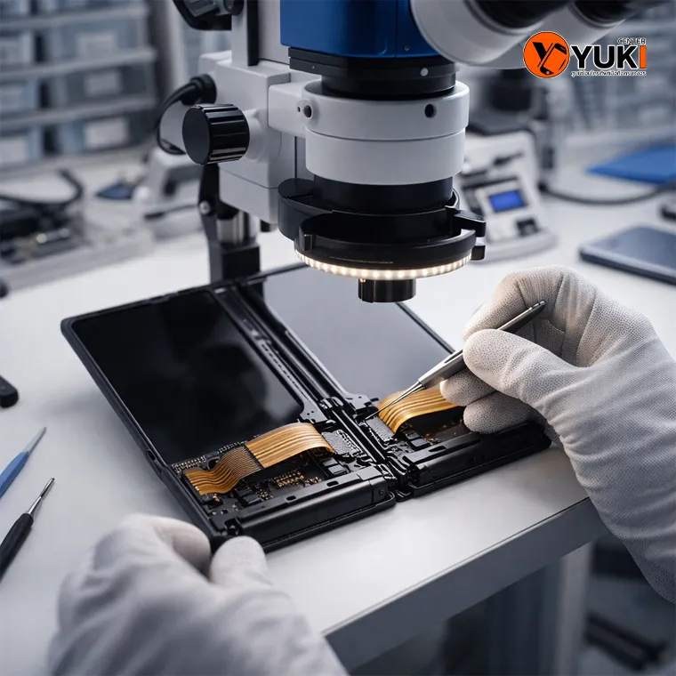 ช่างซ่อมมือถือใช้กล้องจุลทรรศน์ ซ่อมสายแพรมือถือจอพับด้วยเครื่องมือเฉพาะทาง