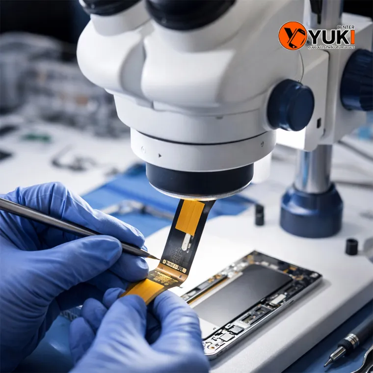 ช่างตรวจสายแพร Honor Magic V Series ด้วยกล้องจุลทรรศน์ แก้ปัญหาพับแล้วจอนอกดับ