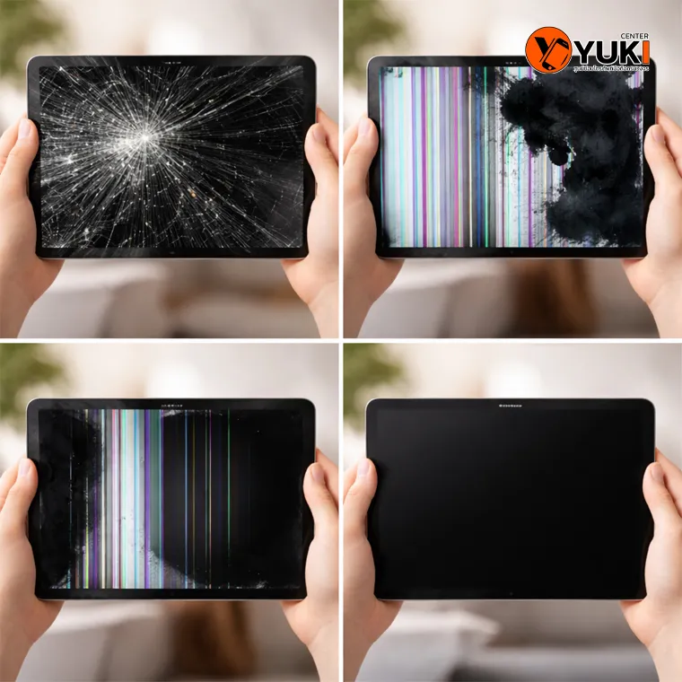 ตัวอย่างหน้าจอ Samsung Tablet เสียหลายแบบ กระจกแตก จอเป็นเส้น จอดำ เพื่อประเมินแนวทางซ่อมที่เหมาะสม