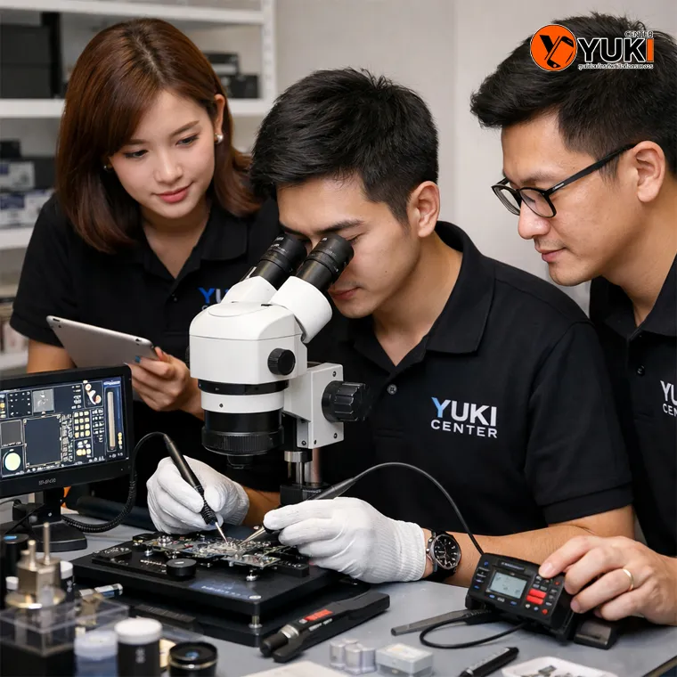 ทีมช่าง YukiCenter กำลังตรวจเช็กเมนบอร์ดมือถือด้วยกล้องไมโครสโคป งานซ่อมระดับละเอียดในศูนย์ซ่อมมือถือมาตรฐาน