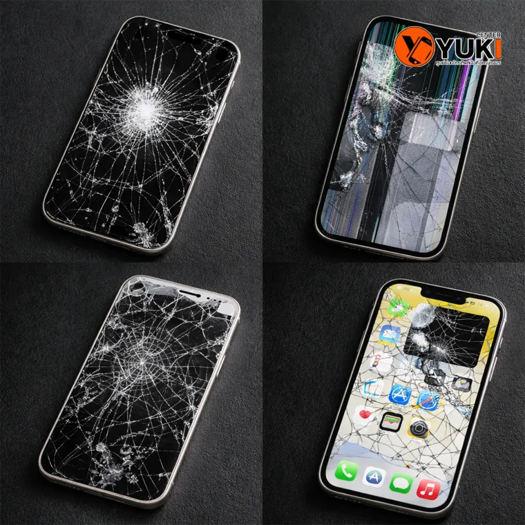 ภาพหน้าจอมือถือแตกหลายลักษณะ ทั้งกระจกแตก จอเป็นเส้น จอดำ และจอทัชเสีย