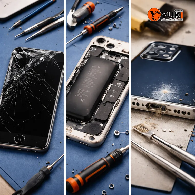iPhone หน้าจอแตก แบตบวม และพอร์ตชาร์จเสีย วางบนโต๊ะช่างซ่อมมือถือ พร้อมเครื่องมือซ่อมมาตรฐาน