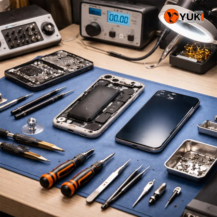 โต๊ะช่างซ่อมมือถือมาตรฐาน พร้อมเครื่องมือซ่อม iPhone และอุปกรณ์เฉพาะทาง บรรยากาศสะอาด ปลอดภัย