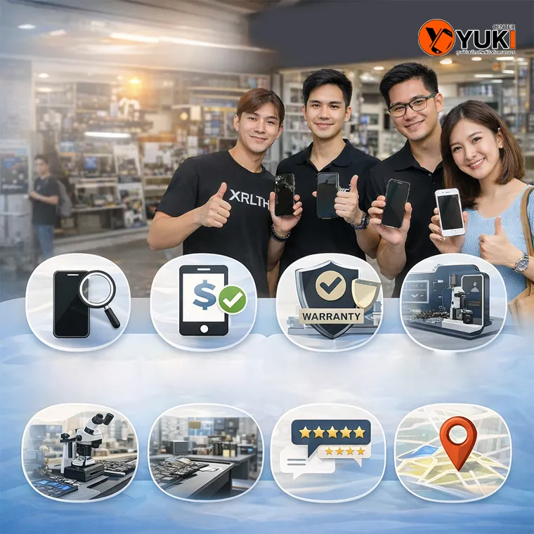 ภาพรีวิวลูกค้าหน้าร้าน YukiCenter พร้อมอินโฟกราฟิกมาตรฐานการซ่อมมือถือ ตรวจเช็กก่อนซ่อม ราคาชัด มีรับประกัน ห้องซ่อมสะอาด และทำเลเดินทางสะดวก