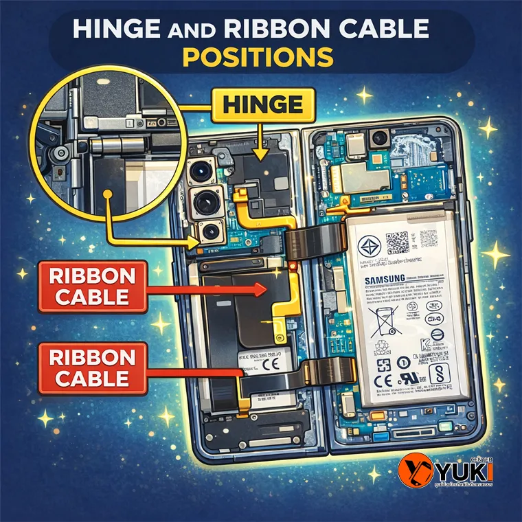 อินโฟกราฟิกตำแหน่งบานพับและสายแพร Samsung Galaxy Z Fold 4 สาเหตุจอดับเมื่อกาง