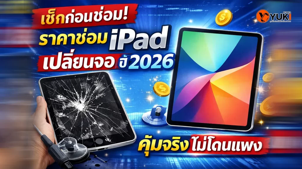 เช็กก่อนซ่อม ราคาซ่อม iPad เปลี่ยนจอ ปี 2026 iPad จอแตก เปลี่ยนกระจกและเปลี่ยนจอที่ Yuki Center