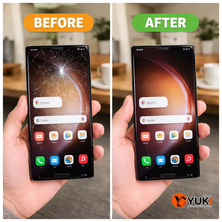 ก่อนและหลังซ่อมหน้าจอ Samsung Galaxy S23 Ultra เปรียบเทียบกระจกแตกกับหน้าจอหลังลอกกระจก ซ่อมแล้วจอใสเหมือนใหม่