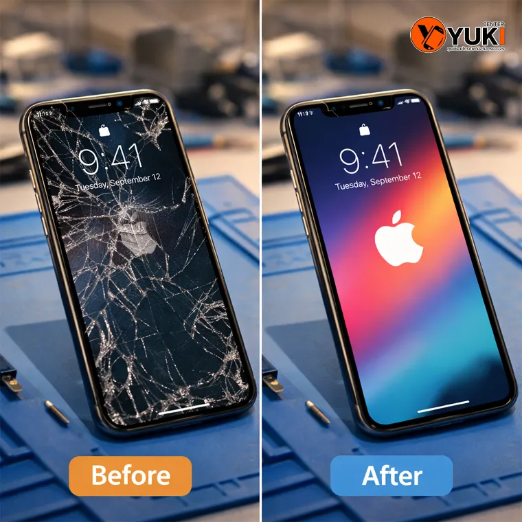 Before After การซ่อม iPhone หน้าจอแตก เปลี่ยนจอใหม่กลับมาคมชัด หลังซ่อมโดยช่างผู้เชี่ยวชาญ Yuki Center