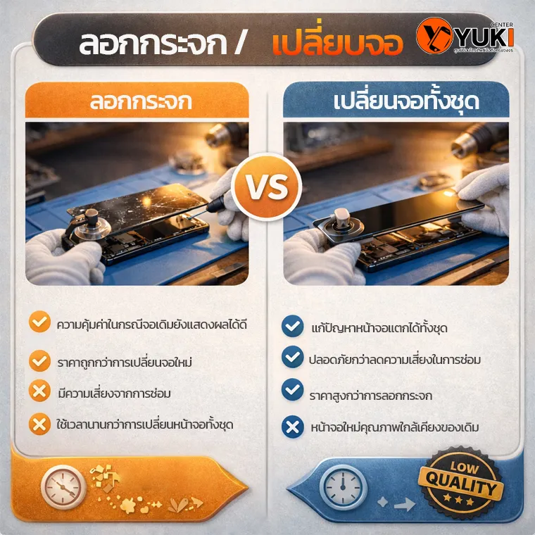 เปรียบเทียบลอกกระจก S23 Ultra กับเปลี่ยนจอทั้งชุด ข้อดีข้อเสียและความคุ้มค่าในการซ่อมหน้าจอ Samsung Galaxy S23 Ultra ที่ Yuki Center