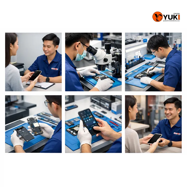 ขั้นตอนการซ่อมมือถือแบบมืออาชีพของ Yuki Center ตั้งแต่รับเครื่อง ตรวจเช็กด้วยกล้องไมโครสโคป ซ่อมในห้อง Clean Lab ทดสอบ QC และส่งมอบให้ลูกค้า