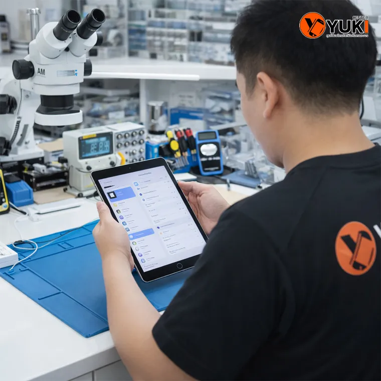 ช่างกำลังตรวจเช็กระบบ iPad ก่อนซ่อมในห้องซ่อมมาตรฐานระดับมืออาชีพ รังสิต