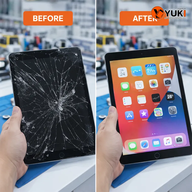 เปรียบเทียบ iPad หน้าจอแตกก่อนซ่อมและหลังซ่อมเสร็จ โดยทีมช่างมืออาชีพ รังสิต