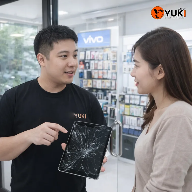 ช่างอธิบายอาการ iPad หน้าจอแตกให้ลูกค้า ก่อนซ่อมโดยทีมมืออาชีพ รังสิต