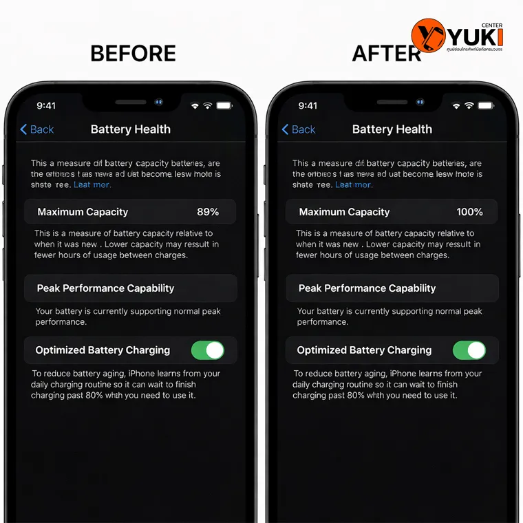 ภาพเปรียบเทียบแบต iPhone ก่อนและหลังเปลี่ยนแบต สุขภาพแบตจาก 89% เป็น 100% ที่ Yuki Center รังสิต