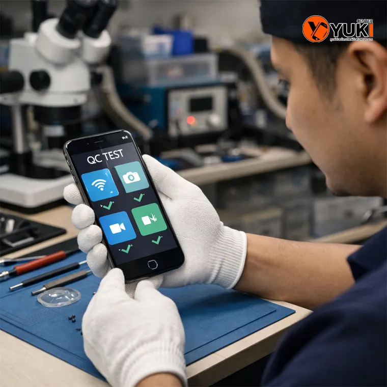 ช่างกำลังตรวจสอบ QC หลังลอกกระจก Samsung Galaxy S23 Ultra ทดสอบหน้าจอ ทัชสกรีน และระบบก่อนส่งมอบ ที่ Yuki Center