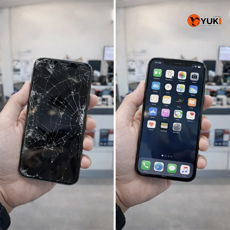 ภาพก่อนและหลังซ่อมมือถือโดย Yuki Center จากหน้าจอแตกเสียหาย ก่อนซ่อม และหลังซ่อมหน้าจอกลับมาใช้งานได้ปกติ งานซ่อมมาตรฐานมืออาชีพ