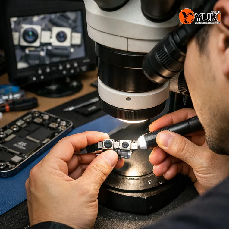 ช่างตรวจเช็กกล้องหน้า iPhone 14 Pro Max ด้วยกล้องจุลทรรศน์ในห้องซ่อมมาตรฐาน