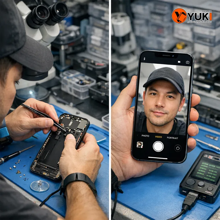 ช่างกำลังถอดประกอบและทดสอบกล้องหน้า iPhone 14 Pro Max ในห้องซ่อมมาตรฐาน